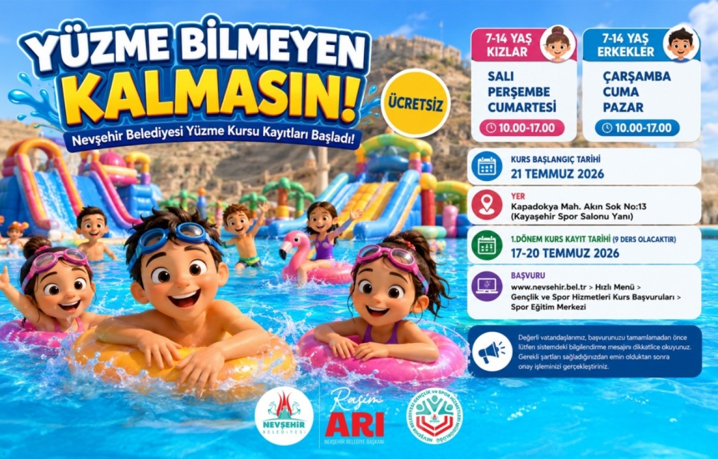 Nevşehir Belediyesi ÜCRETSİZ Yüzme Kursu Kayıtları Başladı